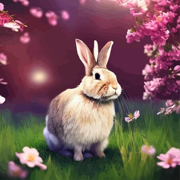 Feliz Pascua lindo hermoso conejo de Pascua en un prado soleado en flores decoradas tarjeta de pascua de felicitación