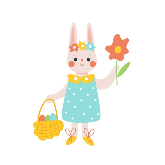 Feliz Pascua con una niña conejo con una canasta de huevos de Pascua ilustración vectorial dibujada a mano