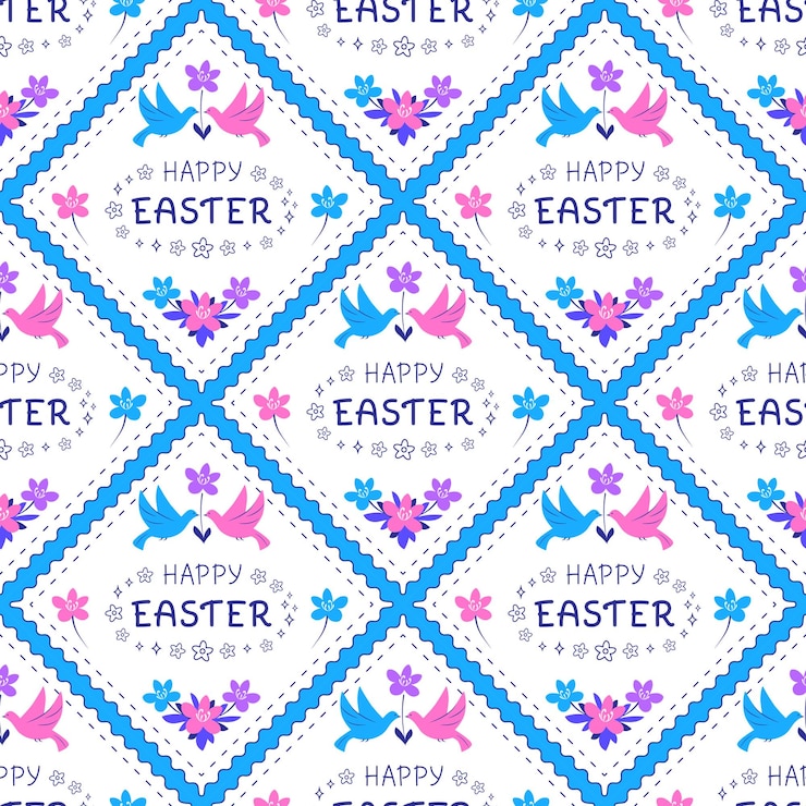 Vector feliz pascua patrón sin costuras con pájaros y flores en fondo blanco
