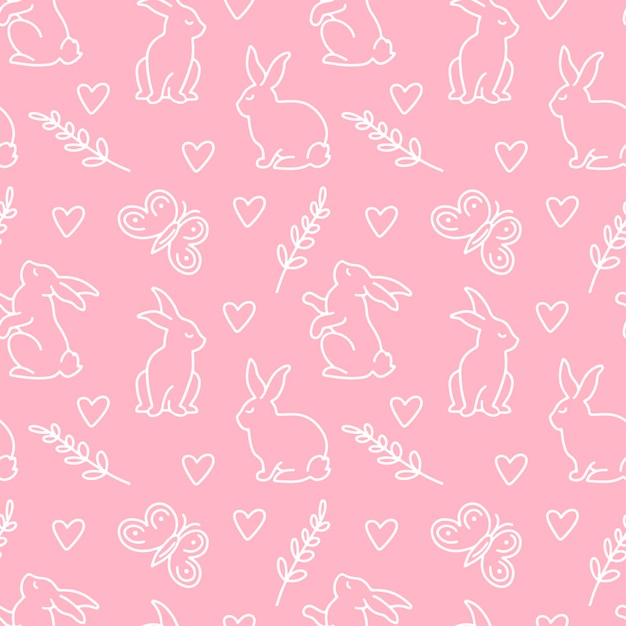 Feliz Pascua de patrones sin fisuras con conejito de diferentes poses, hojas, corazón, mariposa aislado sobre fondo rosa. Ilustración de vector doodle. Diseño para textil, envoltura, papel tapiz, telón de fondo.