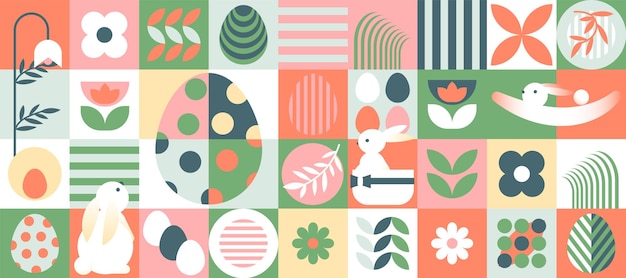 Feliz Pascua de primavera tarjeta de mosaico geométrico con huevos de conejo y flores Ilustración vectorial