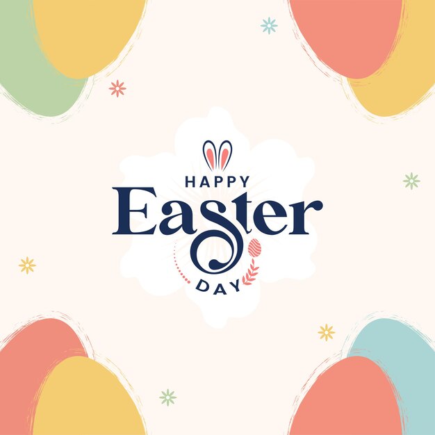 Feliz Pascua texto escrito a mano con huevos de conejo y flores Diseño de estilo moderno colores pastel