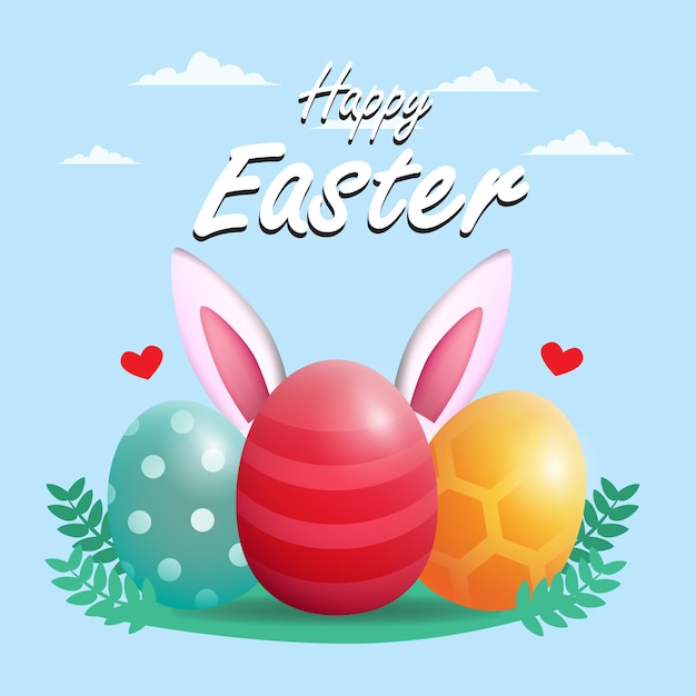 Feliz Pascua con tres huevos y orejas de conejo diseño