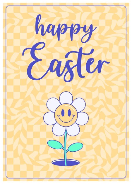 Feliz Pascua, vacaciones de primavera, personajes y elementos de dibujos animados retro, afiches de mascotas vintage, sonrisas y emociones psicodélicas, tarjetas cómicas de moda, ilustración vectorial estilo de los años 60, 70 y 90