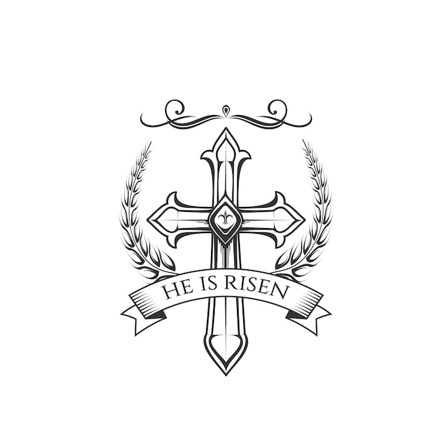 feliz, pascua, vector, cruz, y, laurel, corona, icono