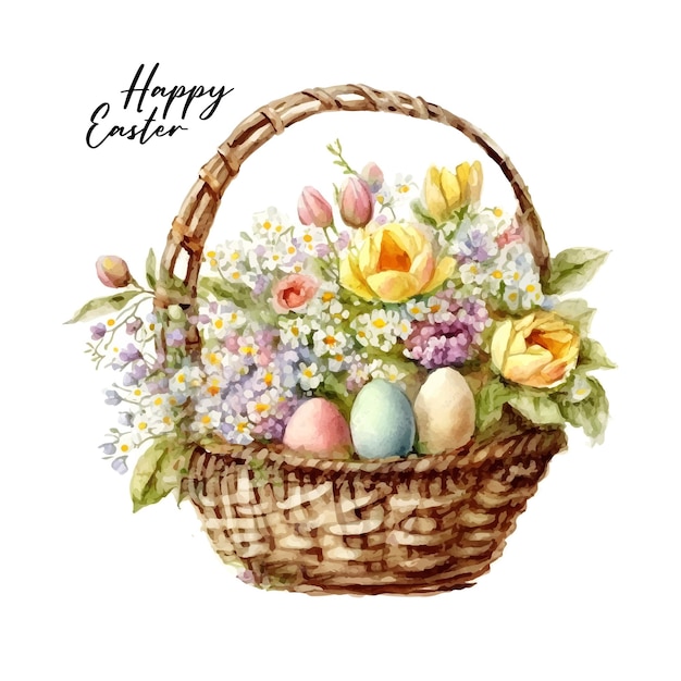 Feliz pascua vector lindas ilustraciones clásicas de huevos de pascua en una canasta de flores tarjeta de felicitación