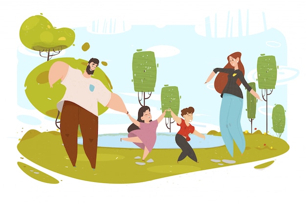 Feliz paseo familiar alrededor del parque de la ciudad Ocio activo