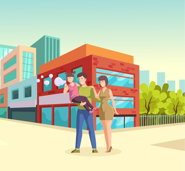 Vector feliz paseo familiar por las calles de la ciudad moderna, disfrute del fin de semana, padre, madre e hija, pasen tiempo juntos