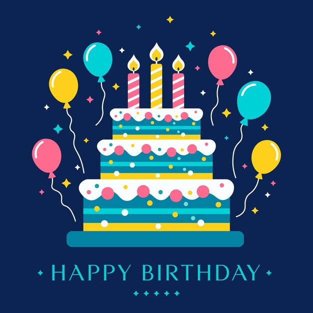 Feliz pastel de cumpleaños con globos ilustración de diseño plano