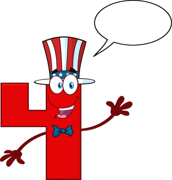Feliz patriótico rojo número cuatro personaje de mascota de dibujos animados con un sombrero de EE. UU. Agitando