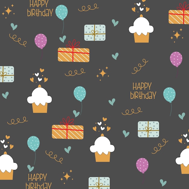 Feliz patrón de cumpleaños con dulces regalos estrellas pastel de taza y globos