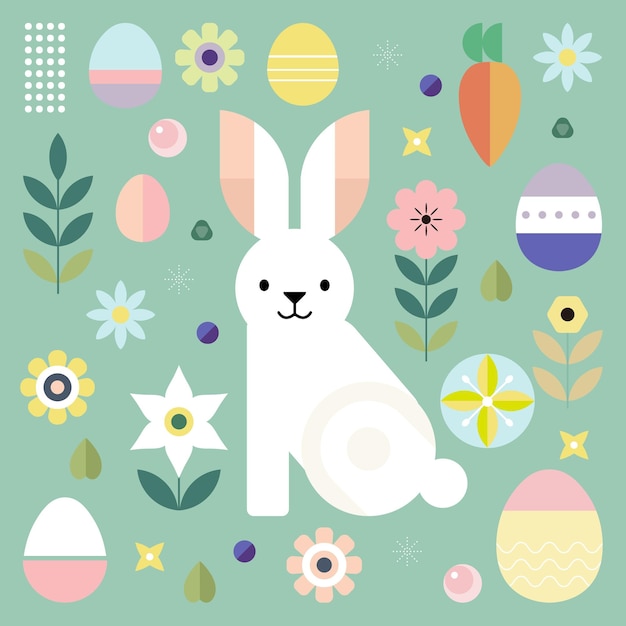Feliz patrón geométrico de Pascua con elementos y símbolos de vacaciones huevos flores conejo