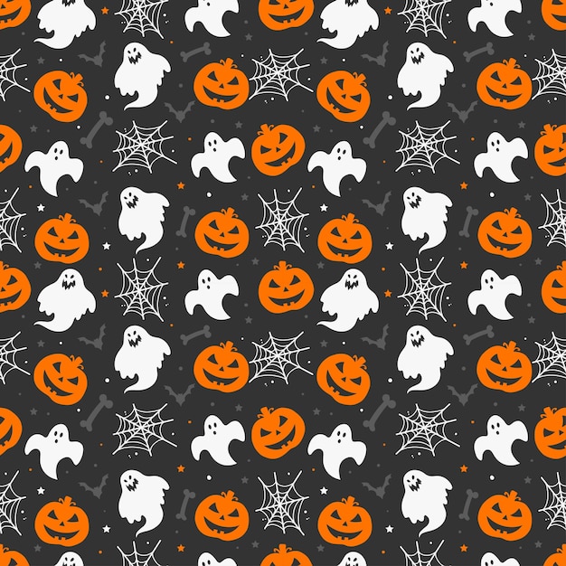 Feliz patrón de halloween con fantasmas huesos murciélagos calabazas y telarañas aisladas sobre fondo oscuro
