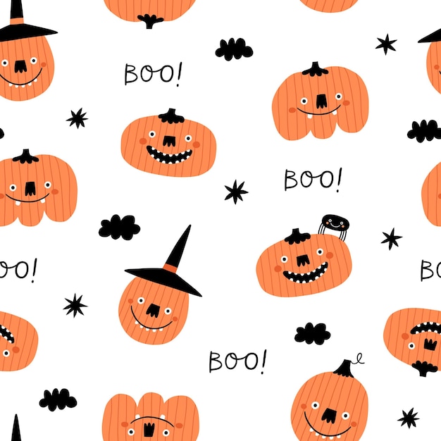 Feliz patrón de Halloween con lindas calabazas