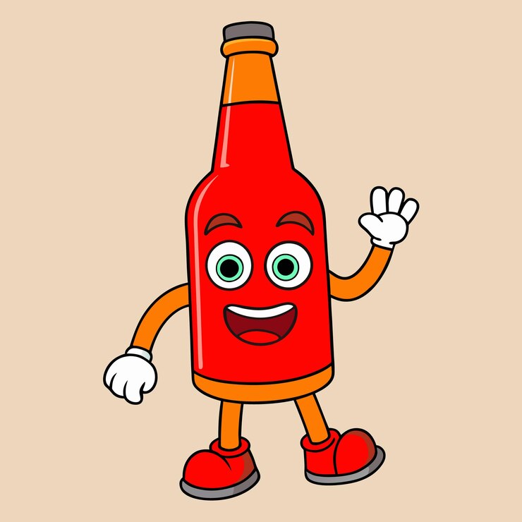 Feliz personaje de la botella de ketchup de dibujos animados agitando una ilustración de comida divertida