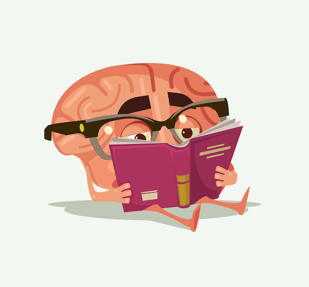 Feliz personaje de cerebro sonriente leer libro