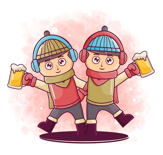 Feliz personaje de dibujos animados de hombres lindos con ilustración de cerveza