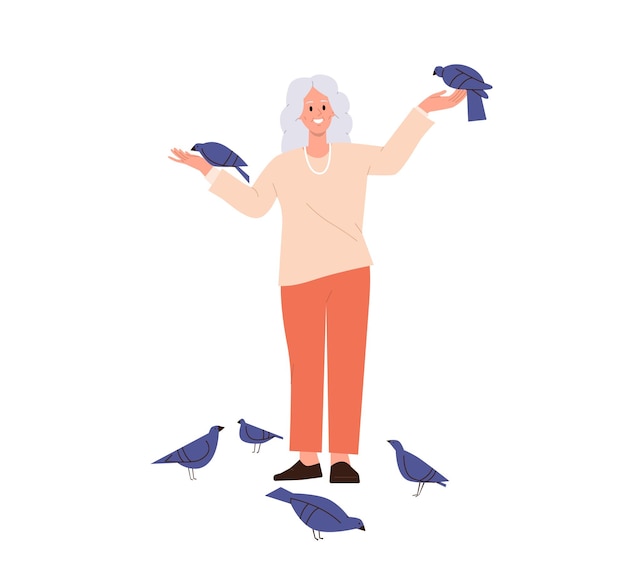 Feliz personaje de dibujos animados de una mujer mayor alimentando a un pájaro paloma disfrutando de la actividad de la vida diaria al aire libre ilustración vectorial aislada en fondo blanco alegres jubilados relajación y entretenimiento divertido
