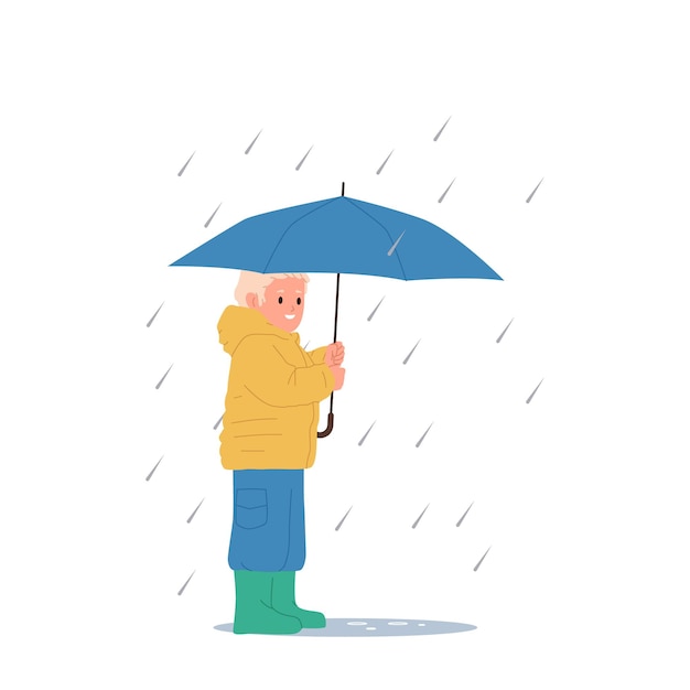 Feliz personaje de dibujos animados de niño pequeño caminando con paraguas en un clima tormentoso y lluvioso