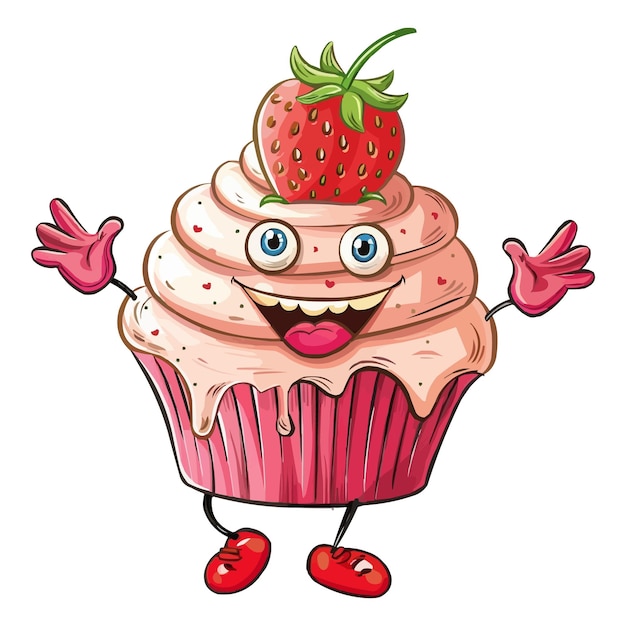 un feliz personaje de dibujos animados de Strawberry Cupcake con brazos y piernas