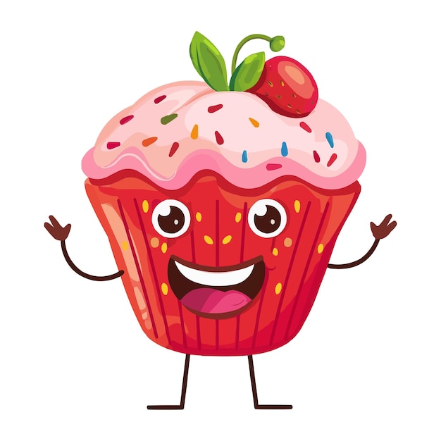 un feliz personaje de dibujos animados de Strawberry Cupcake con brazos y piernas