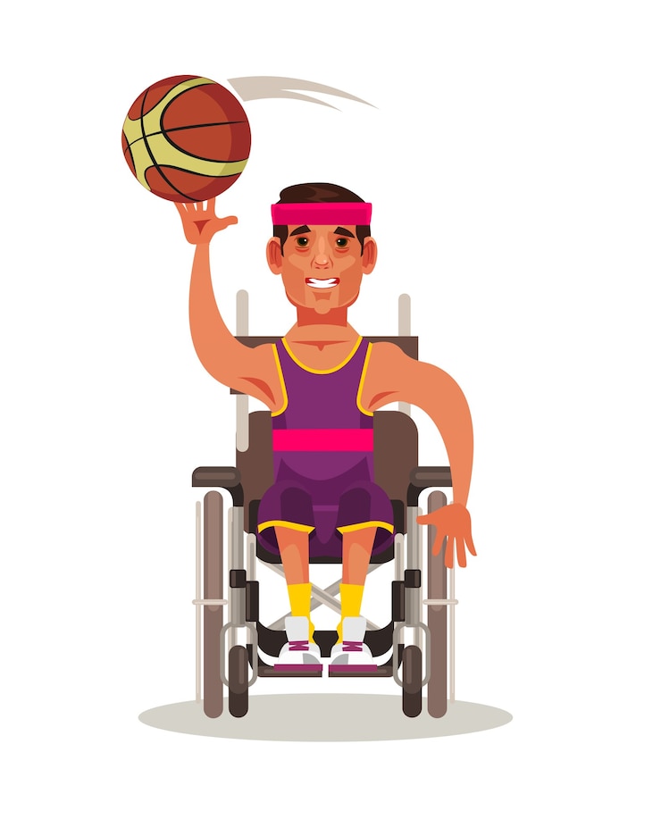 Vector feliz personaje de hombre fuerte sentado en silla de ruedas y jugando al baloncesto. ilustración de dibujos animados de concepto de competición paralímpica