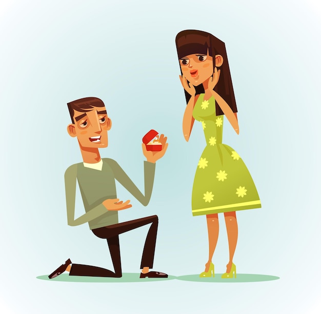 Feliz personaje de hombre sonriente proponiendo a la mujer para ser su esposa