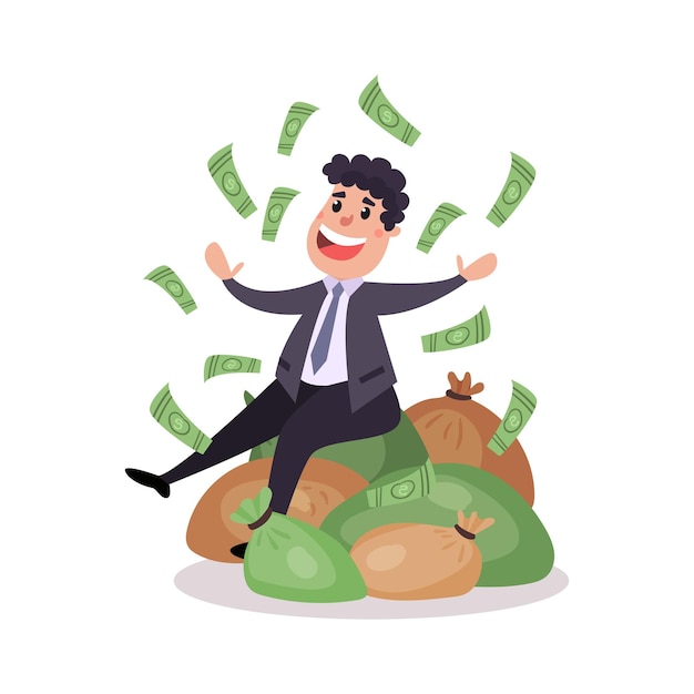 Feliz personaje millonario sentado sobre un montón de bolsas de dinero, dinero volando a su alrededor vector colorido ilustración sobre un fondo blanco