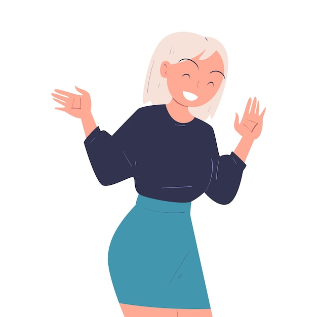 Vector feliz personaje de mujer rubia agitando la mano y sonriendo ilustración vectorial regocijada joven mujer se siente positiva