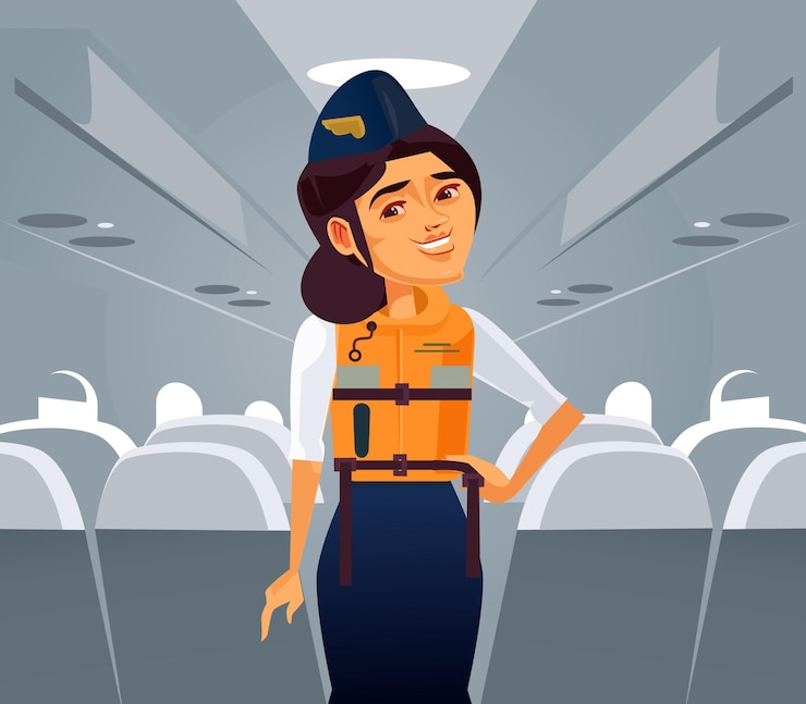 Vector feliz personaje de mujer sonriente azafata explica cómo usar chaleco salvavidas