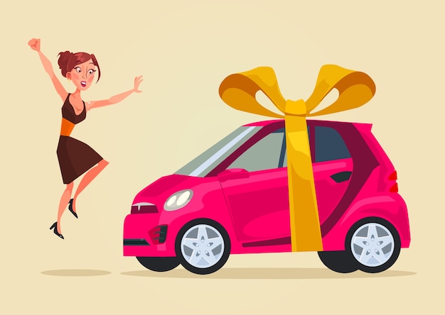 Feliz personaje de mujer sonriente obtener ilustración de coche nuevo