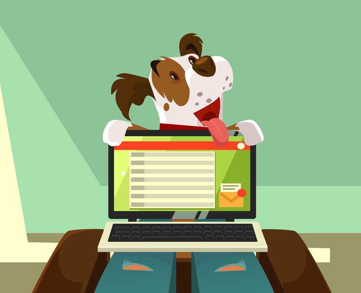 Vector feliz personaje de perro sonriente tratando de prestar atención al propietario en sí mismo