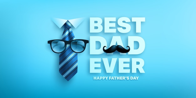 Feliz plantilla del banner del Día del Padre con corbata y gafas. Saludos y regalos para el Día del Padre.