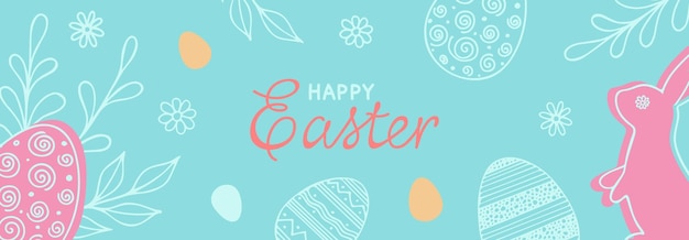 Feliz plantilla de banner horizontal de Pascua con garabatos de conejo, huevos y letras en colores pastel