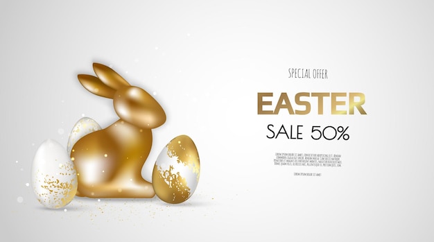 Feliz plantilla de banner de vacaciones de Pascua Huevos blancos y dorados con conejo dorado
