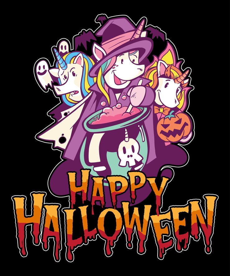 Feliz plantilla de impresión de camisa de Halloween, bruja gato unicornio calabaza fantasma spooky pot hat vector