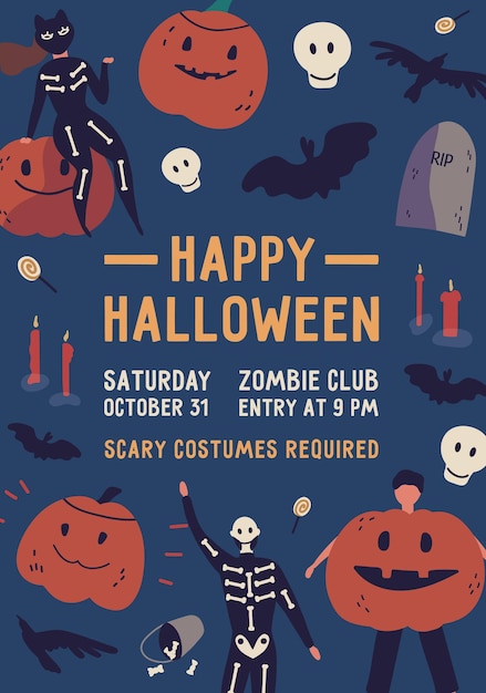 Feliz plantilla de vector de cartel plano de halloween. Fiesta, tarjeta de invitación a eventos de entretenimiento. Folleto publicitario del club de zombies, diseño de banner. Personas en ilustración de disfraces de miedo con tipografía.