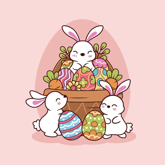 Vector feliz plantilla vectorial de pascua con huevos coloridos conejo y flores