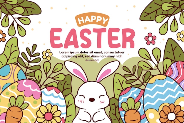 Feliz plantilla vectorial de Pascua con huevos coloridos conejo y flores