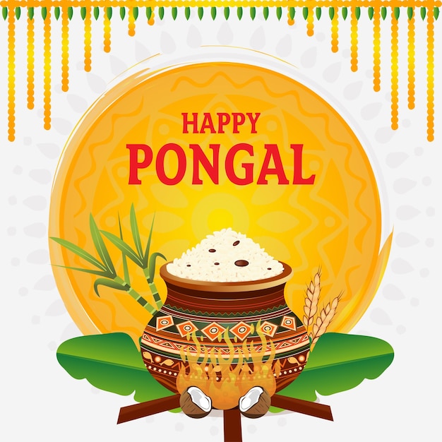 Feliz Pongal Festival de la cosecha de la India del Sur con caña de azúcar en olla y decoración de rangoli
