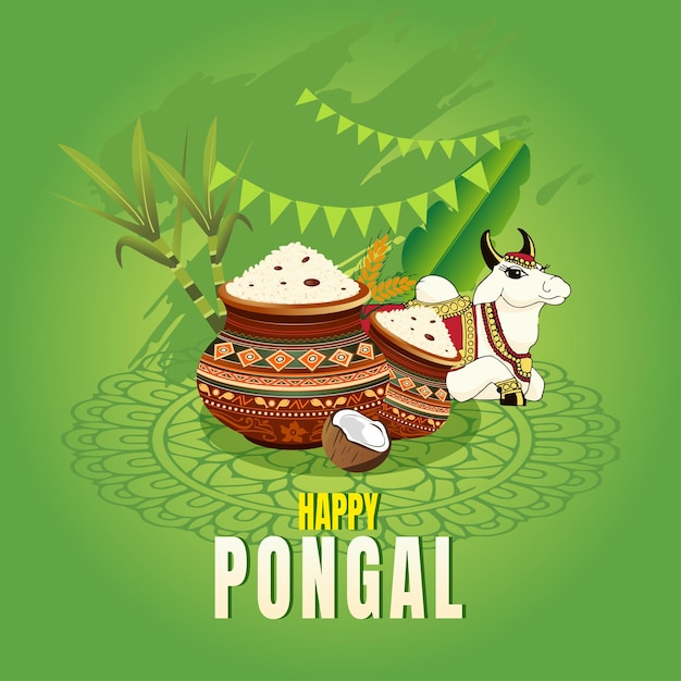 Feliz Pongal Festival de la cosecha de la India del Sur con caña de azúcar en olla y decoración de rangoli