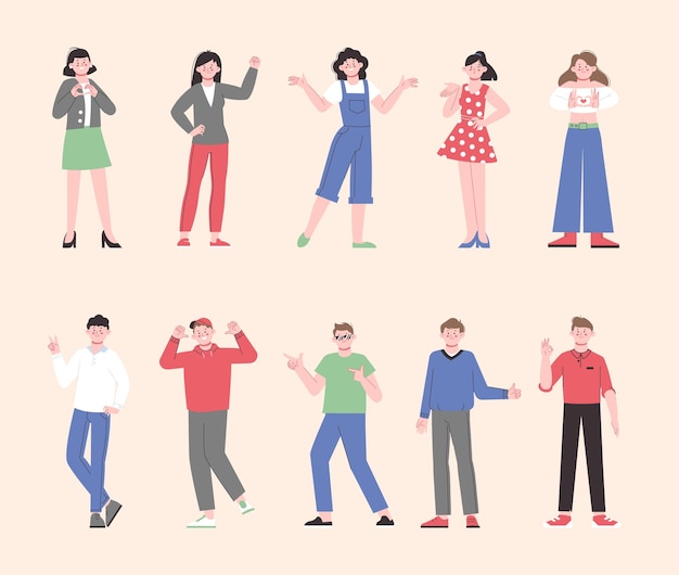 Feliz, positiva, emocionada, gente bien, gestos divertidos, persona despreocupada, equipo de dibujos animados emocional, mujeres jóvenes modernas, hombres, personajes vectoriales espléndidos.