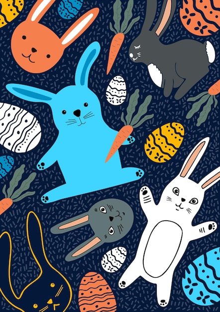 Feliz postal de pascua ilustración plana con conejitos de pascua y huevos