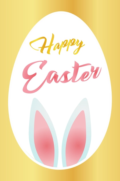 Feliz postal de Pascua con orejas de conejo en un gran huevo de Pascua sobre un fondo dorado Diseño de Pascua para tarjetas, carteles, volantes