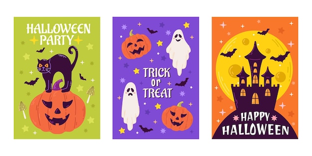 Feliz posters de la fiesta de Halloween o volantes con ilustración vectorial con luna fantasma de calabaza y murciélago