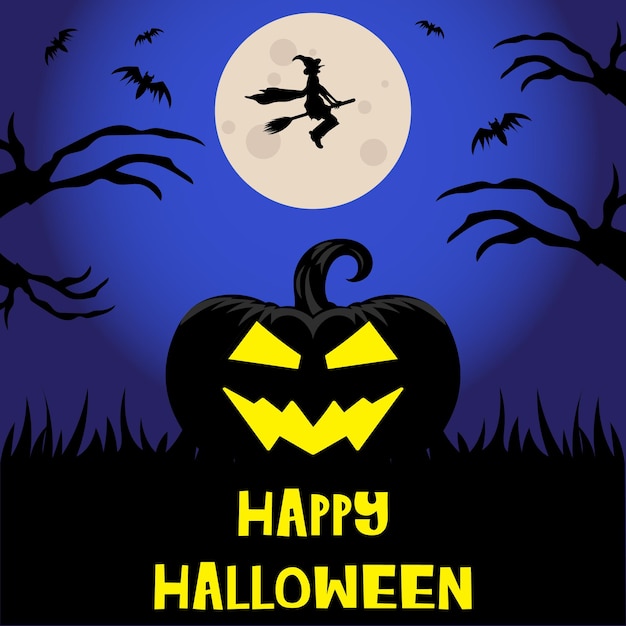 feliz publicación de halloween con luna llena, calabaza y bruja voladora
