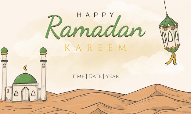 Feliz Ramadán Kareem con adornos de ilustración islámica dibujados a mano