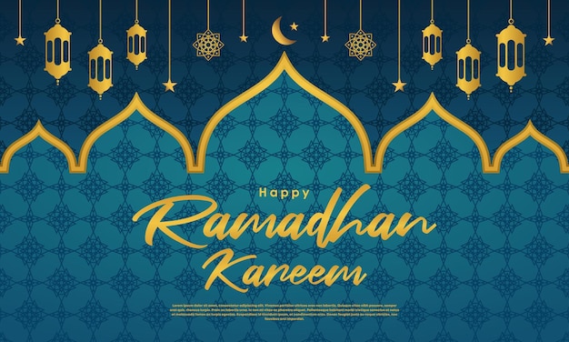 Feliz Ramadán Kareem Tarjeta de felicitación Ornamento islámico de lujo con linternas colgantes