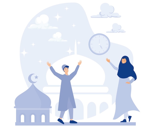 Feliz ramadán mubarak concepto de saludo Actividad de personas en ayunas vector plano ilustración moderna