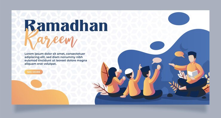 Feliz ramadán mubarak concepto de saludo con carácter de personas para la plantilla de página de destino web Adecuado para la página de destino web ui plantilla de banner de aplicación móvil ilustración de vector de dibujos animados plana
